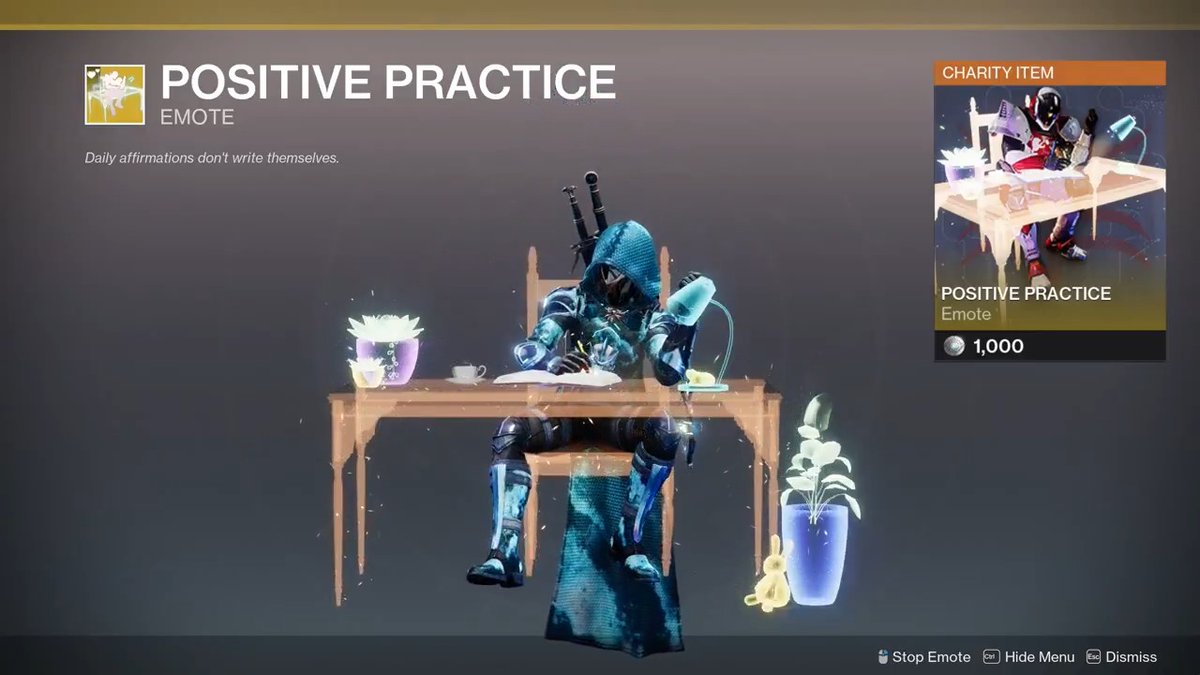 ✍️ In honor of Mental Health Awareness Month, head to Eververse and grab the brand new Positive Practice emote, benefitting our partners at Guardians Mental Health 🧠♥️
