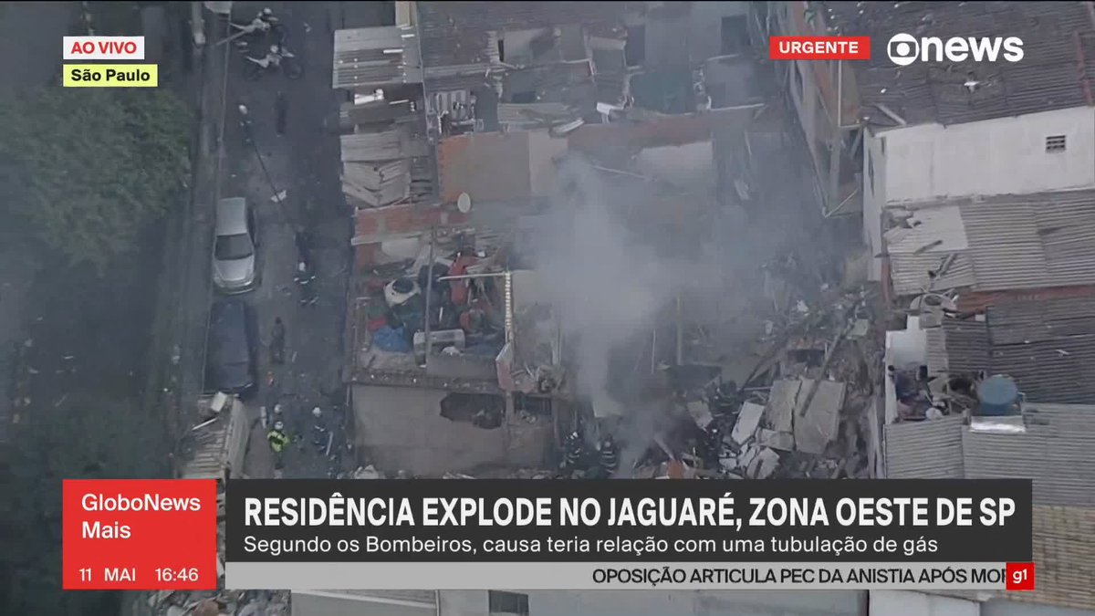 Casa explode no Jaguaré, Zona Oeste de São Paulo. Segundo o Corpo de Bombeiros, causa teria relação com uma tubulação de gás. ➡️ Assista à #GloboNews ao vivo: #GloboNewsMais