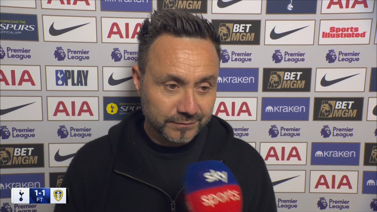 “I will kiss him, I will hug him… he was sorry, it can happen for a young player.” 🤍 Roberto De Zerbi backs Mathys Tel after his goal and late penalty concession against Leeds.
