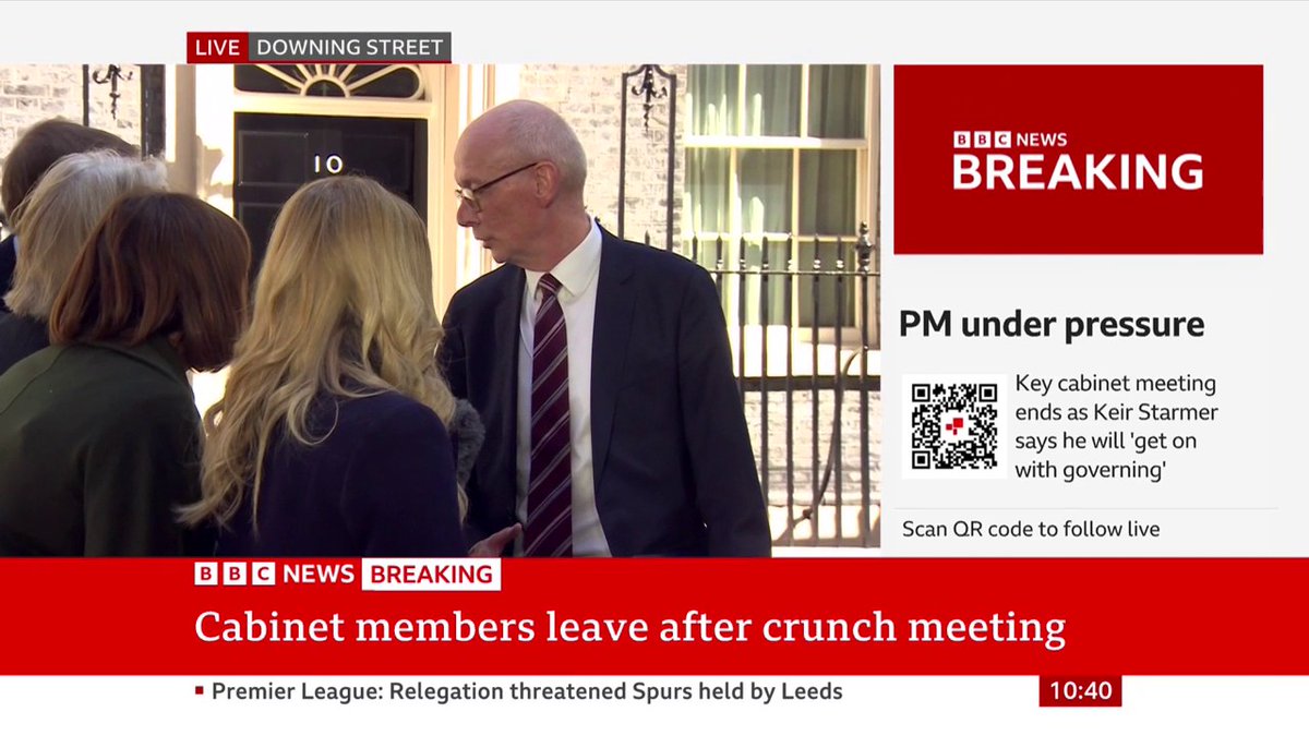 "The prime minister's going to continue with his job as he should," Work and Pensions Secretary Pat McFadden tells reporters in Downing Street Follow latest developments: