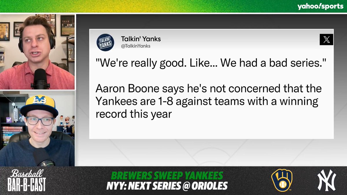 Aaron Boone isn't worried after the Yankees were swept by the Brewers 👀 Would you be worried about New York playing subpar vs. teams with winning records? (via Baseball Bar-B-Cast)
