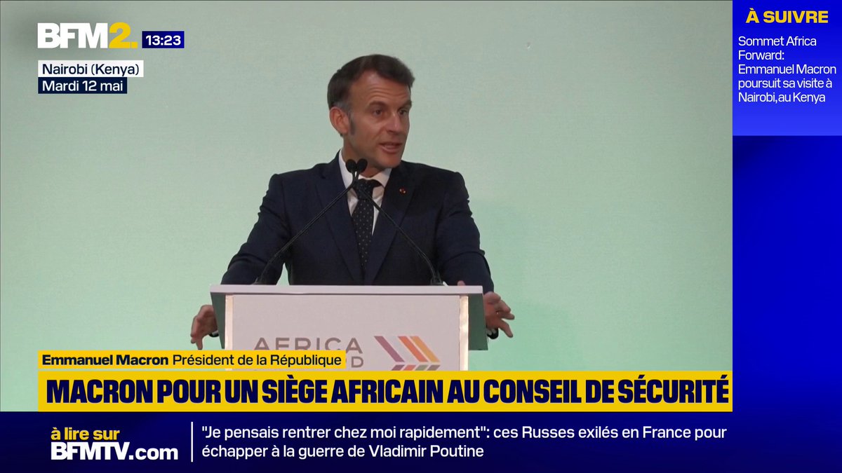 💬"La France défend cet agenda d'une Afrique présente au Conseil de sécurité des Nations unies" ➡️Emmanuel Macron s'exprime lors du Sommet Africa Forward au Kenya, et plaide pour la présence du continent africain comme membre permanent au Conseil de sécurité de l'ONU #BFM2