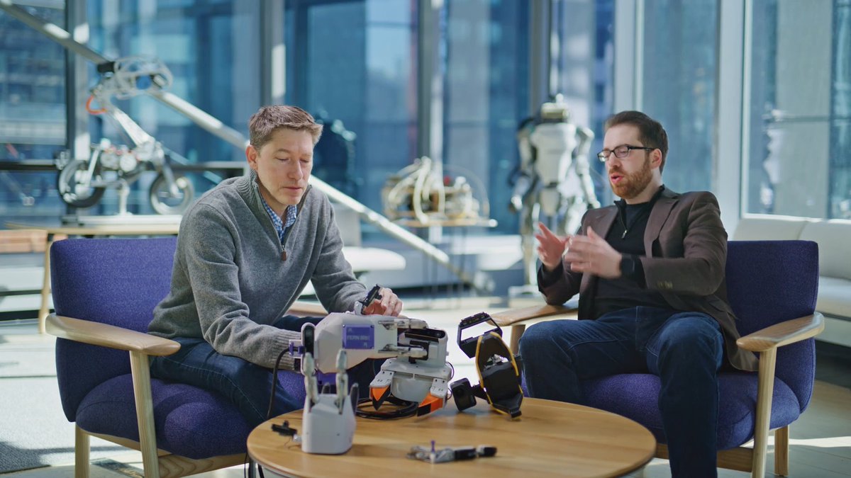 One approach to collecting data for contact-rich manipulation is handheld grippers. These devices let the operator feel contact with objects and the environment directly through the mechanism. To make sure the data collected transfers to the robot, we've co-designed handheld and robot grippers: same linkage mechanisms, same degrees of freedom, same force transmission. The Koala platform lets the human feel through the linkages what the robot will feel through its actuators. Watch to learn more about our gripper designs, data collection approach, and policy training: