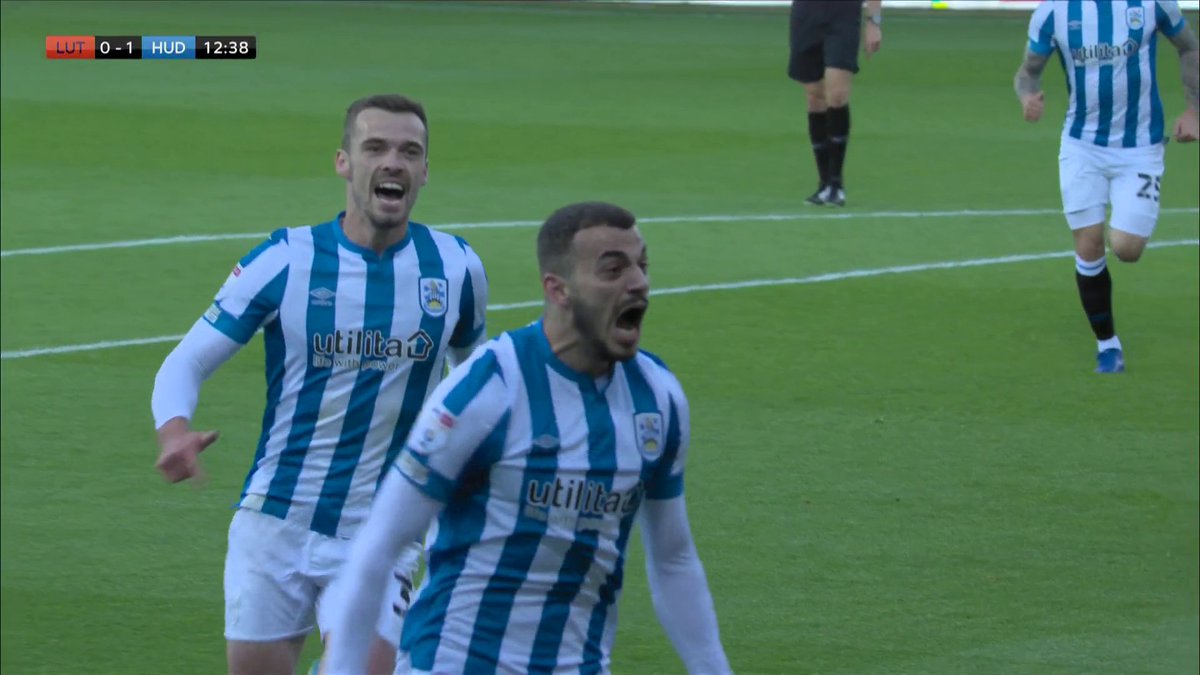 On this day in 2022 Huddersfield Town opened the scoring in their play off semi final vs Luton Town courtesy of Daniel Sinani 👏 Some away limbs #htafc