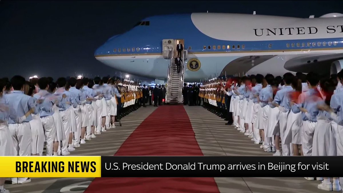 BREAKING: U.S. President Donald Trump has been given a red carpet welcome in Beijing as he arrives for a state visit. Also seen among the U.S. delegation includes his son Eric Trump and Tesla boss Elon Musk. Sky's James Matthews reports.