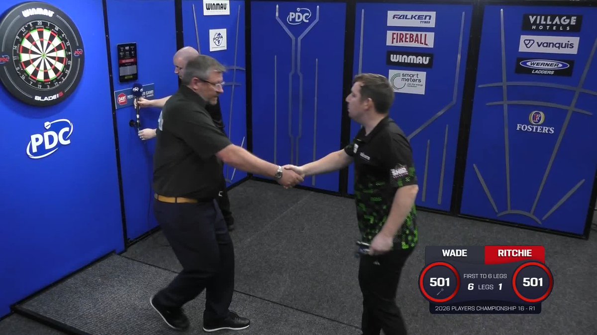 WADE WALTZES THROUGH! A comfortable round one victory for James Wade at #PC16, as The Machine beats Greg Ritchie 6-1, averaging upwards of 102 on his way to victory! 📺 #PC16
