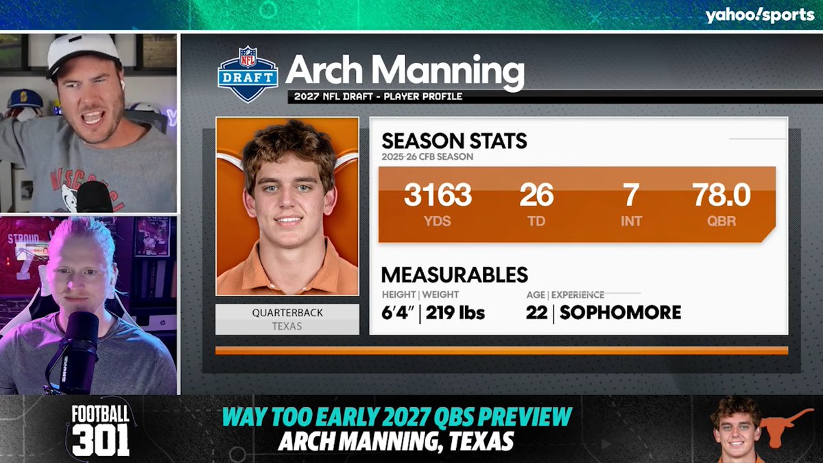 Is Arch Manning the clear-cut QB1 in the 2027 draft? 👀 Nate Tice and Cory discuss how real the buzz around the Texas quarterback really is 📈 (via Football 301)