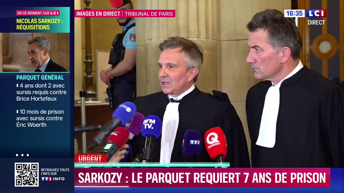 🔴 Sarkozy : Le parquet requiert 7 ans de prison 🗣️"Nous démontrerons dans quinze jours la parfaite innocence de Nicolas Sarkozy. Il n'y a pas d'argent dans sa campagne. (...) Nicolas Sarkozy est innocent et nous le démontrerons.", assure son avocat, Maître Christophe Ingrain.