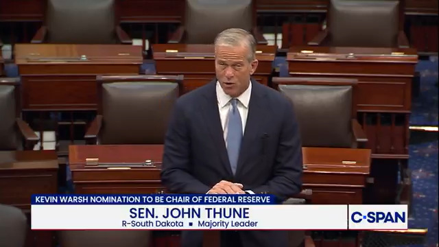 John Thune on vote to confirm Fed chair nominee Kevin Warsh: "Kevin Warsh seems to have just the profile of a Federal Reserve chairman—yet Democrats oppose his nomination…This is just how bad TDS has gotten on the other side of the aisle."