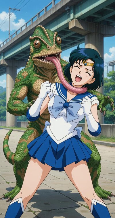 カメレオン怪人の舌がセーラー戦士を苦しめる！ 首がどんどん絞まっていく..息が... #ヒロインピンチ #ヒロピン #首絞め #やられ