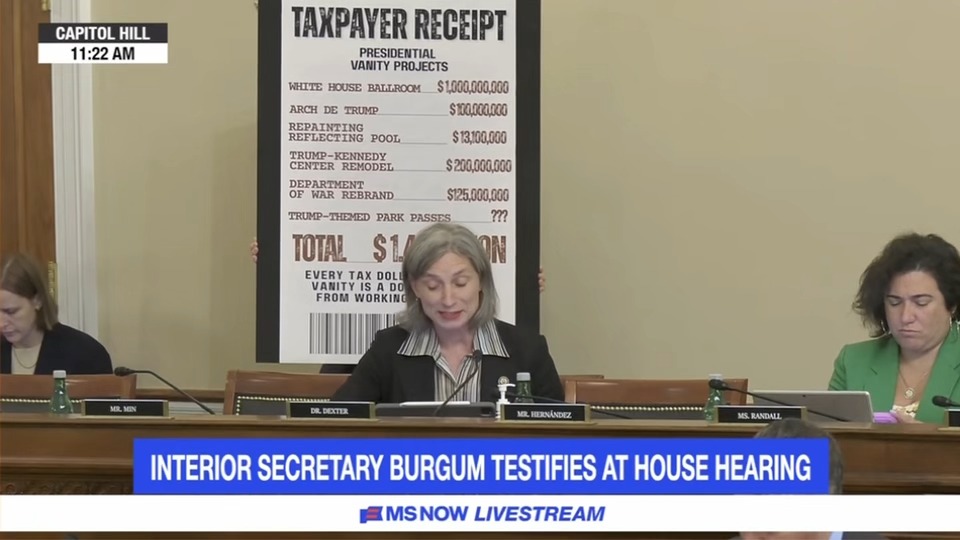 "Taxpayers are footing a whopping $1 billion bill for Trump's ballroom. Your budget cuts the National Park Service by $1 billion. If you put this $1 billion towards our national parks instead of Trump's ballroom, that would benefit every single American."