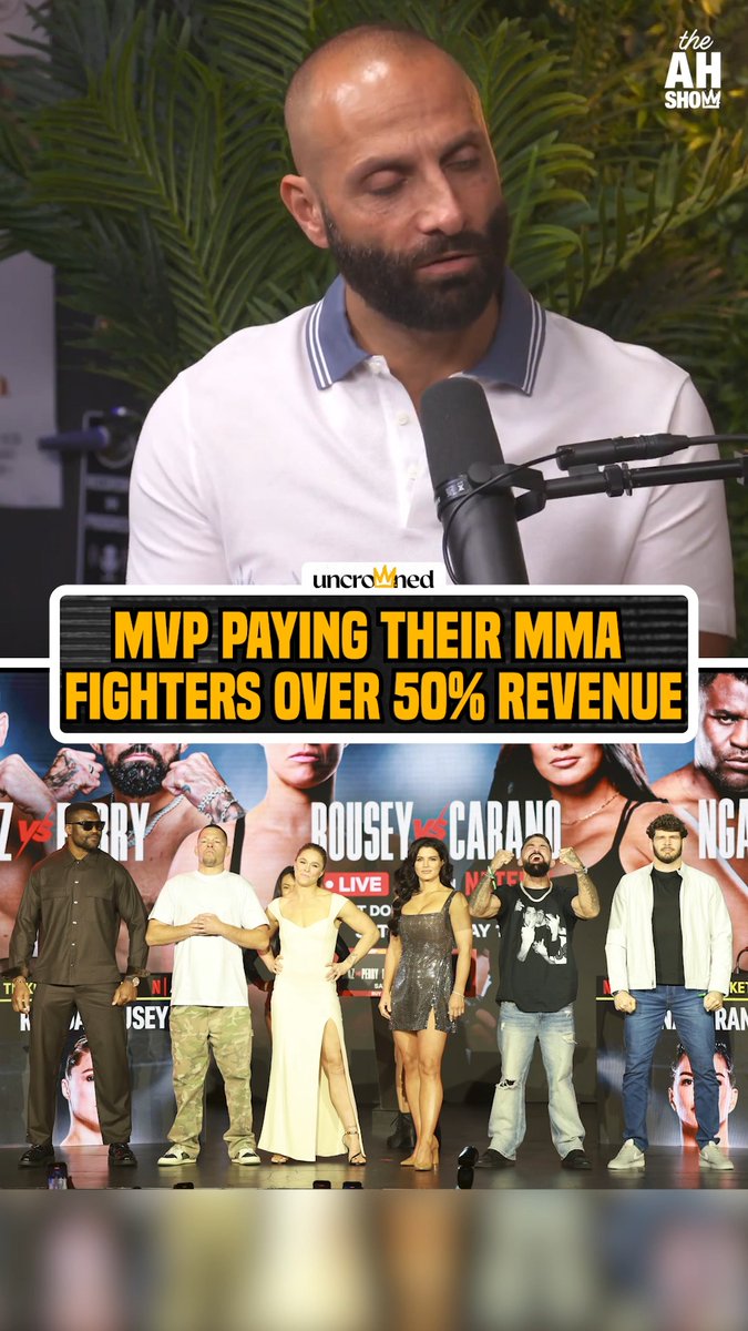 “[The revenue share] is much higher than 50% to the fighters. Our objective is not to lose money and obviously make a little bit of money, but it’s really about putting the money back into the pockets of the fighters." MVP is bringing the boxing pay model to MMA 💰 #HelwaniShow #RouseyCarano