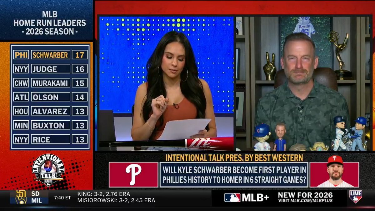 Kyle Schwarber hit a HR in his fifth straight game yesterday, tying a Phillies franchise record 💪 Will he make history tonight on MLB Network? Siera Santos | RyanDempster