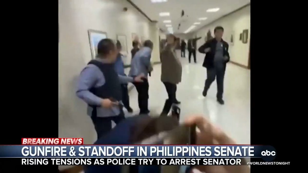 Gunfire erupted in the Philippines Senate as a lawmaker inside is wanted by authorities on charges of crimes against humanity. The shots sent journalists who were broadcasting live running for their lives. Britt Clennett has the latest.