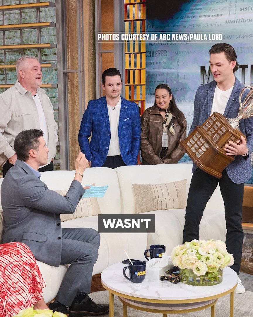 Matthew Schaefer had quite the surprise in store for him on Good Morning America today! 🏆 The Schaefer and Martin families were in attendance to present him with the Calder Memorial Trophy! #NHLAwards