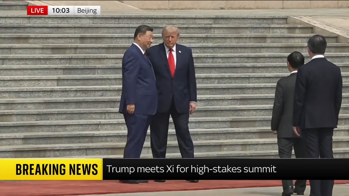 Watch as President Xi welcomes President Trump in Beijing for their high-stakes summit. Outside the Great Hall of the People in Beijing, the leaders of China and the U.S. shook hands. James Matthews reports. 📺 Sky 501, Virgin 602, Freeview 233