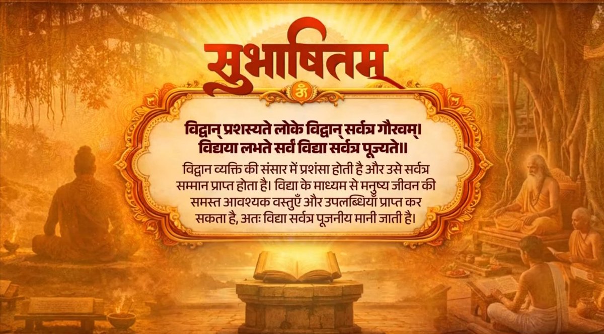 विद्या जीवन की ऐसी पूंजी है, जिससे बड़े से बड़े लक्ष्य को हासिल किया जा सकता है। विद्या हमें अज्ञानता के अंधकार से निकालकर सफलता और आत्मविश्वास की ओर ले जाती है। विद्वान् प्रशस्यते लोके विद्वान् सर्वत्र गौरवम्। विद्यया लभते सर्वं विद्या सर्वत्र पूज्यते॥