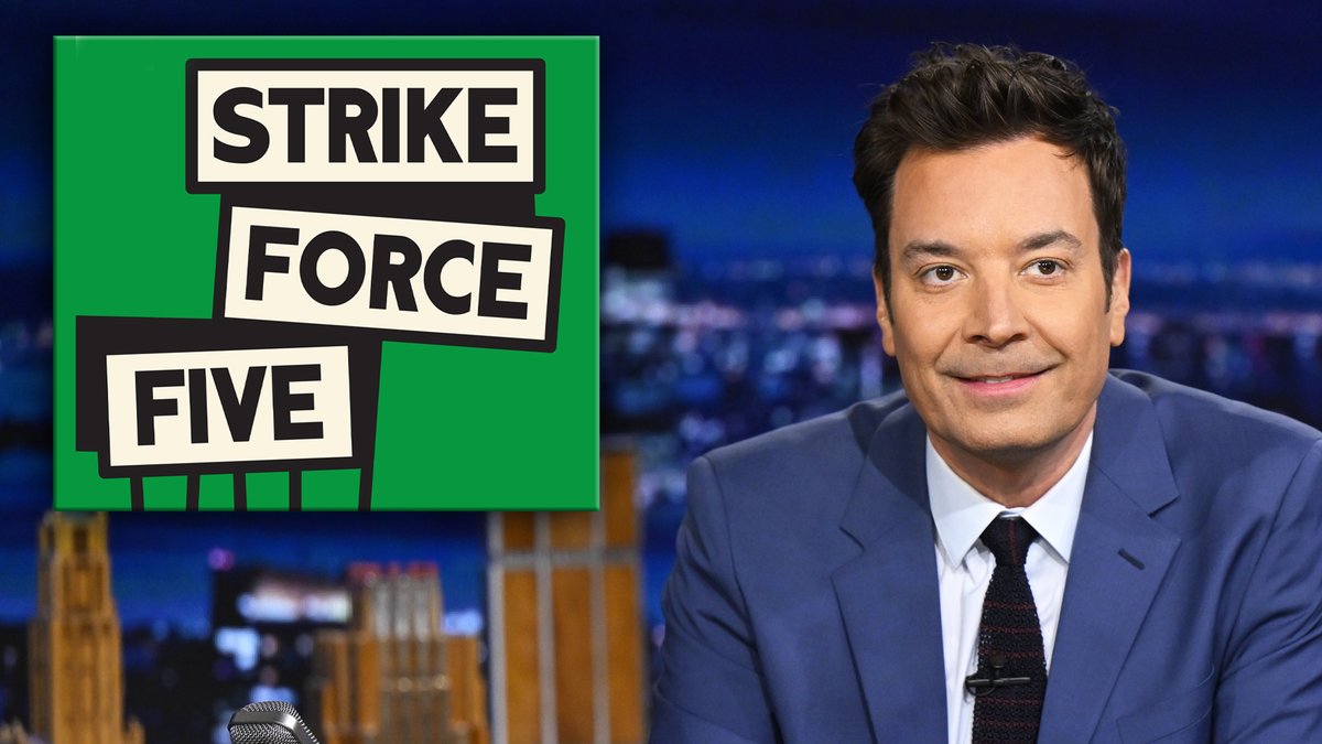Jimmy talks reuniting with @JimmyKimmel, @SethMeyers & @IamJohnOliver to celebrate Stephen Colbert and The Late Show! Watch the full Strike Force Five podcast ⬇️ #FallonTonight
