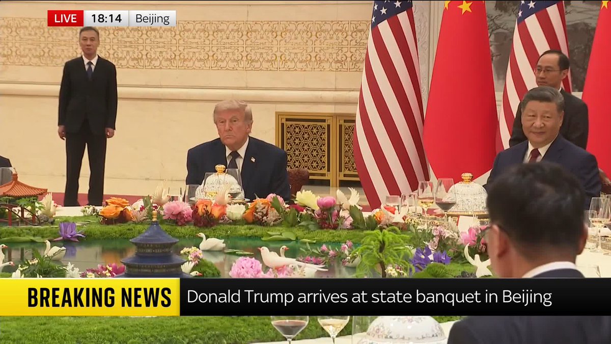 President Trump has arrived at the Great Hall of the People in Beijing for a state banquet, where he and President Xi met earlier. 📺 Sky 501, Virgin 602, Freeview 233, and YouTube