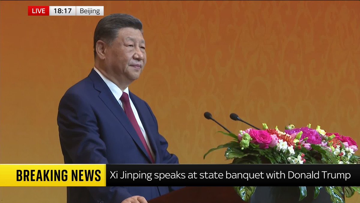 "Achieving the great rejuvenation of the Chinese nation and making America great again can go hand in hand. " President Xi starts the banquet with a toast in honour of Donald Trump and his delegation, noting how their nations are "both great people."