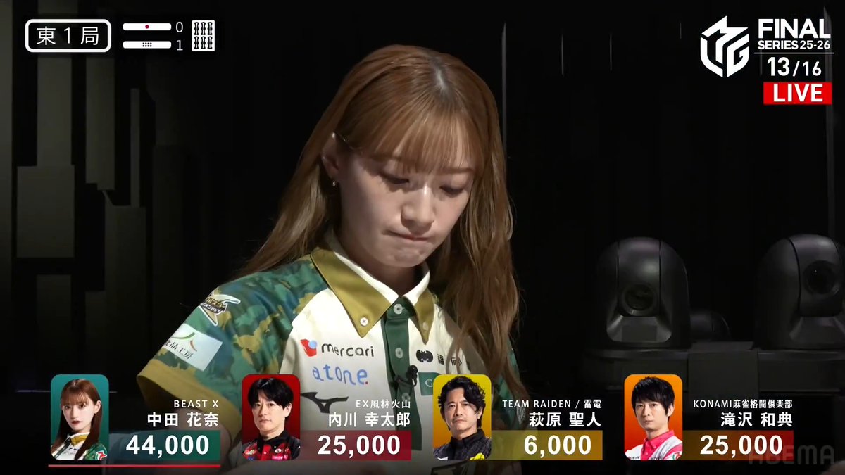 #Mリーグ 2025-26試合ダイジェスト📹 東1局 #中田花奈 選手の親跳満のアガリ! ファイナルも残すは4試合! 東1局から中田選手と萩原選手の2軒リーチ! ここを制したのは中田選手 萩原選手から高め🀀でアガって裏3! 18000のアガリで大きくリード! 👇動画タップで今すぐ無料視聴