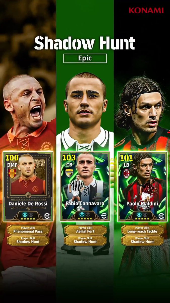 【Epic: Shadow Hunt】 新スキル「シャドウハント」を所持した、ダニエレ デ ロッシがeFootball™ 新レジェンドとして登場！ ダニエレ デ ロッシ パオロ マルディーニ ファビオ カンナヴァーロ 圧倒的な守備力とインテリジェンスで相手の攻撃を封じ、試合の主導権を握ろう！ #イーフト #eFootball