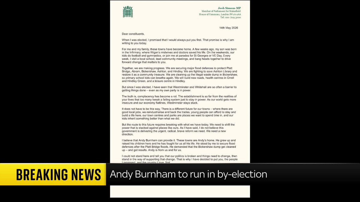 BREAKING: Former minister Josh Simons says he will stand aside in his Makerfield seat in Greater Manchester, triggering a by-election which he says he wants Andy Burnham to contest and win. Sky News’ political correspondent Beth Rigby has the latest