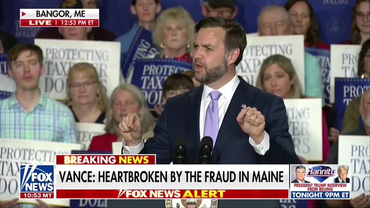 HAPPENING NOW: Vice President JD Vance blasts Maine’s "festering" fraud crisis, blaming Governor Janet Mills and former President Joe Biden for the state's decline. "Why did Maine go from a state that did not have a serious fraud problem, to one where I can honestly say it's one of the worst states in the union?" "Number one is Janet Mills, and number two is Joe Biden. And thankfully, thankfully, one of them has already been kicked to the curb and one is on her way out the door exactly as it should be."