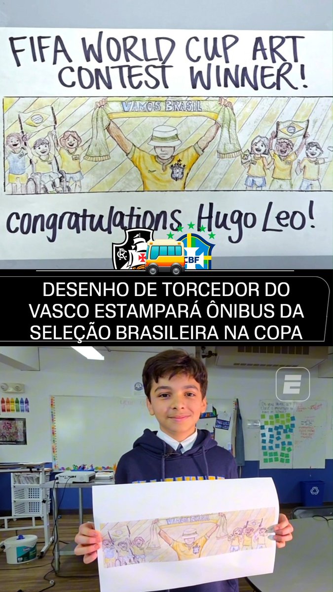 PARA VIAJAR EM GRANDE ESTILO! 🚌🇧🇷 Depois de vencer um concurso promovido pela Fifa, o desenho de Leo vai estampar o ônibus utilizado pela seleção brasileira durante a Copa do Mundo, que começa no próximo mês. Torcedor do Vasco, a inspiração veio de uma imagem com torcedores segurando faixas para apoiar o Gigante da Colina. #ESPN2026 #CopaDoMundo #Vasco #SeleçãoBrasileira