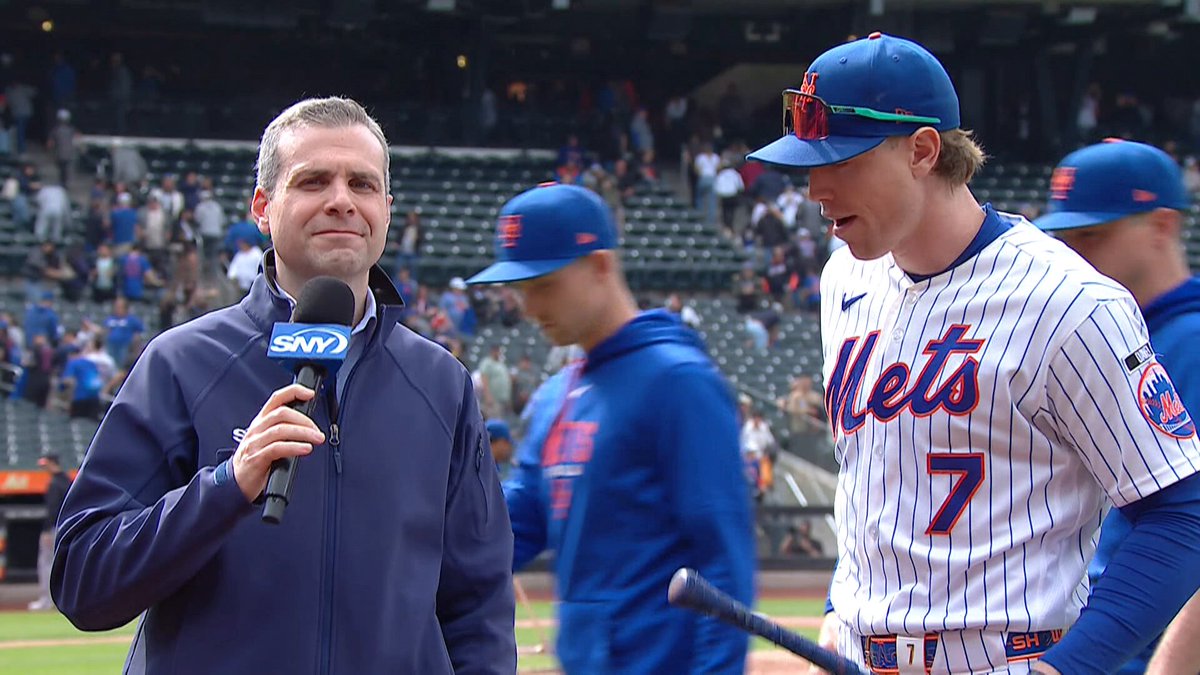 "Let's keep it rolling" Steve Gelbs meets with Brett Baty after the Mets sweep the Tigers