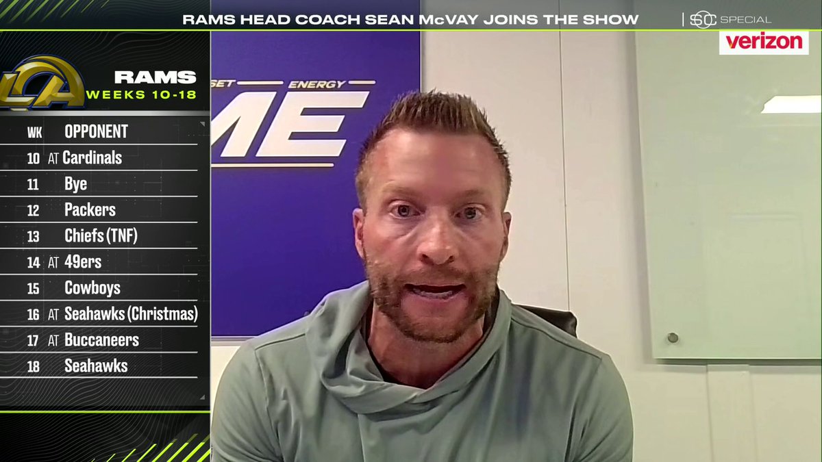 "Keep getting ahead of yourself big boy." 😂 Sean McVay reacts to the Rams schedule release and rematch against the Seahawks on Christmas Day 🐏