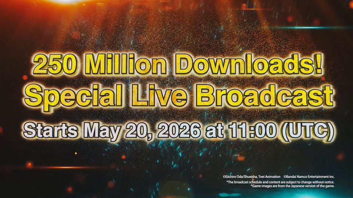 250 Million Downloads Special Live Broadcast begins on May 20 at 11:00 (UTC)! Starting with this broadcast, the full stream will be available in English (translated). Bringing you new character and latest updates! Don't miss it! #BountyRush #ONEPIECE