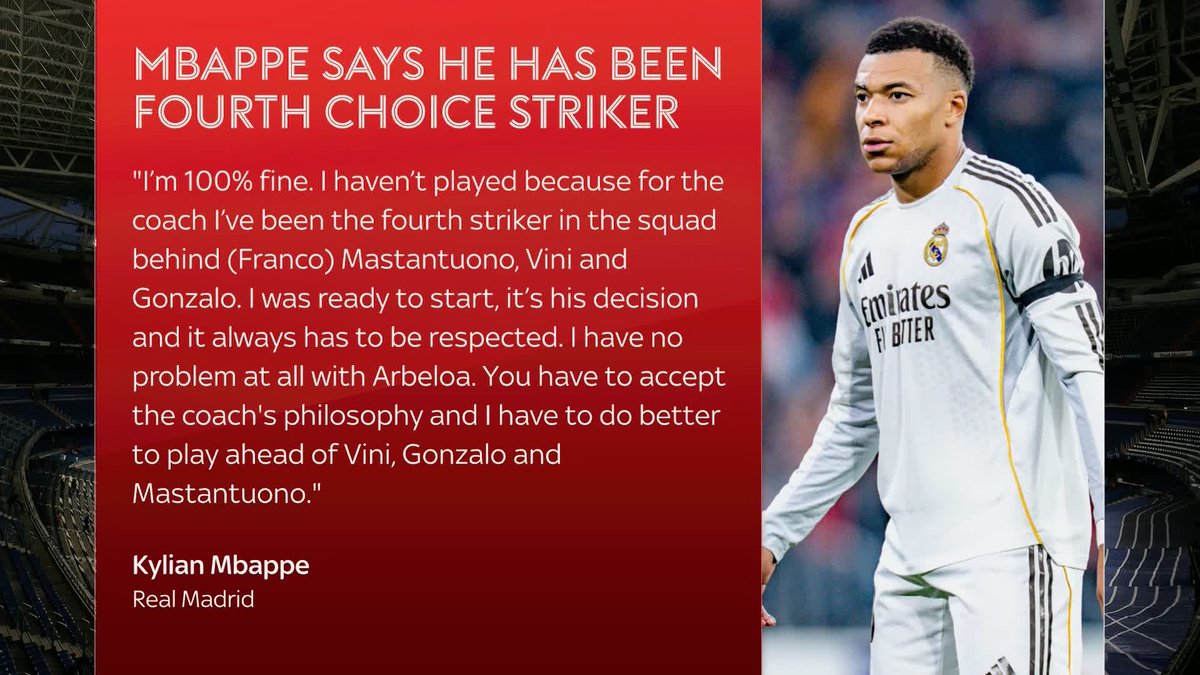 Kylian Mbappe has claimed he was told he has become the fourth choice striker at Real Madrid by current head coach, Alvaro Arbeloa ⚪️