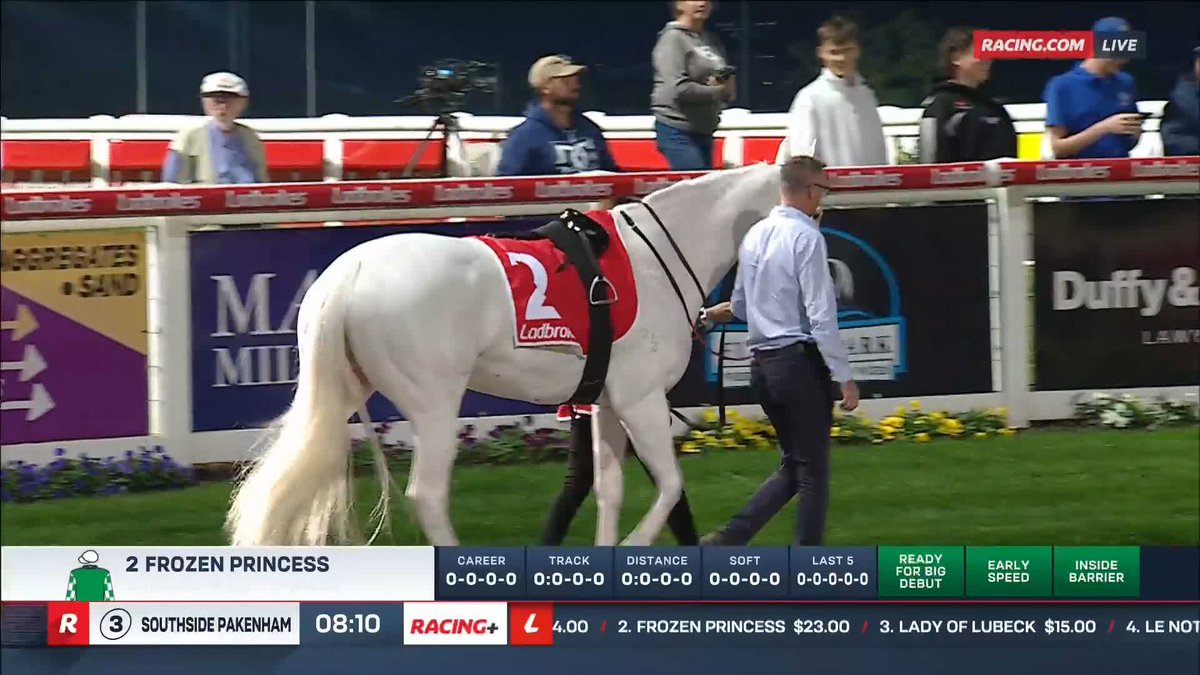 🤍 オーストラリアで白毛牝馬がデビュー！ 🇦🇺 パッケナム競馬場の3歳牝馬未勝利戦にて、白毛のフローズンプリンセスが初出走。結果は9頭立ての3着でした。 母はUtzon、祖母のThe Opera Houseが突然変異の白毛馬。カスタディーヴァ、アオラキの近親です。 #競馬 #海外競馬