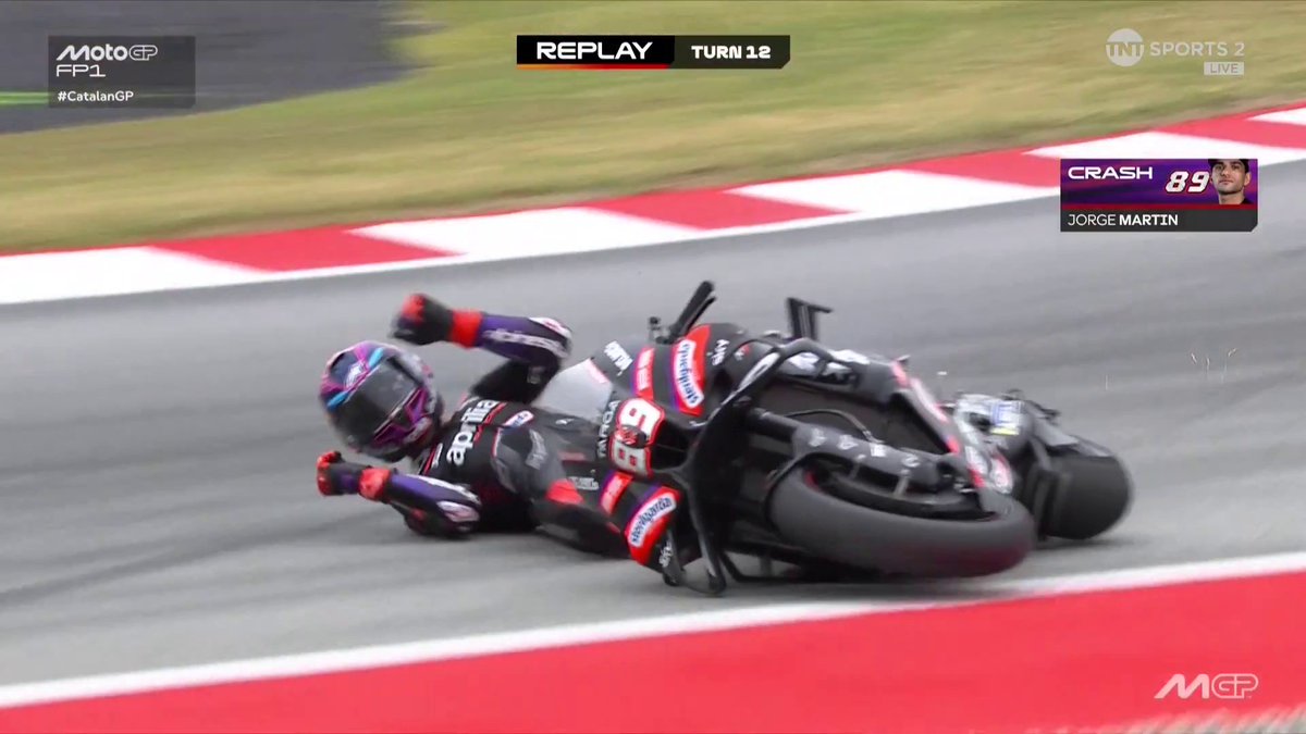 Jorge Martin does not look ok ๐ณ Hoping this is nothing to worry about after his heroics so far today โค๏ธโ๐ฉน #MotoGP | #CatalanGP | Live on TNT Sports and HBO Max
