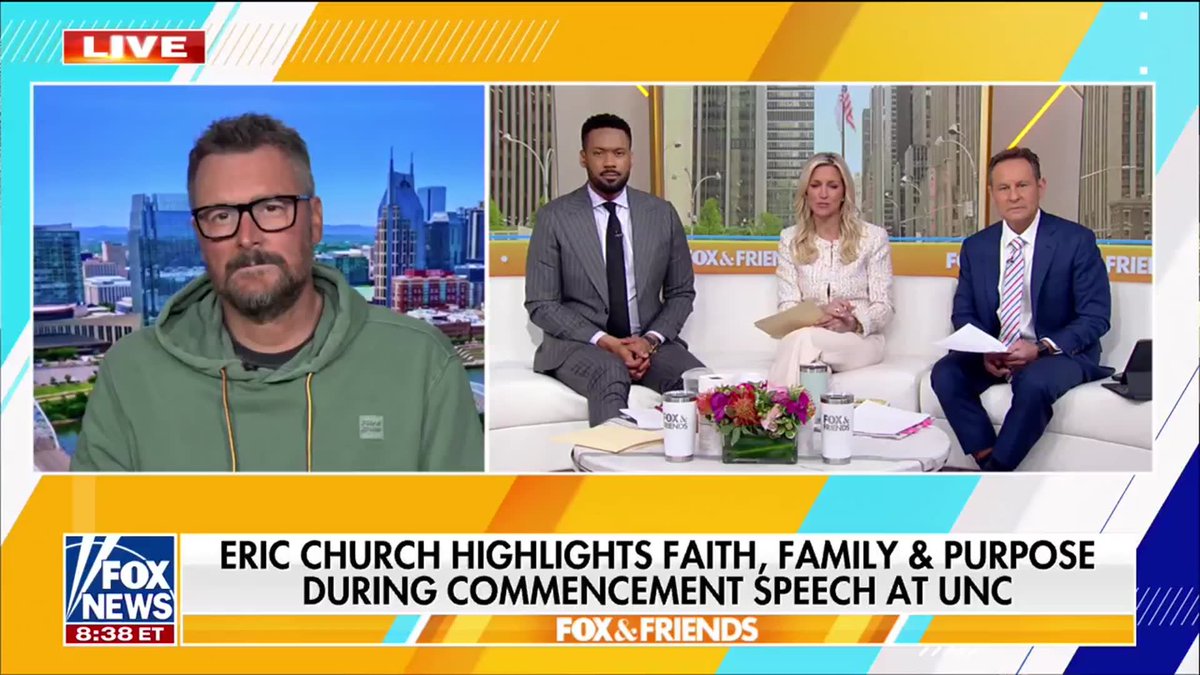 WATCH: Country music star Eric Church describes the creative process behind his extremely personal UNC commencement speech, revealing he turned to his guitar after months of writer's block: "Finally, one night, in a fit of frustration, I picked up my guitar just to kind of just to get away from the frustrating part of trying to write the speech. And as I was strumming the guitar, it just dawned on me. I hit all six strings and I thought, you know, hey, what what if I could make a speech out of these?" | FOX & Friends Ainsley Earhardt