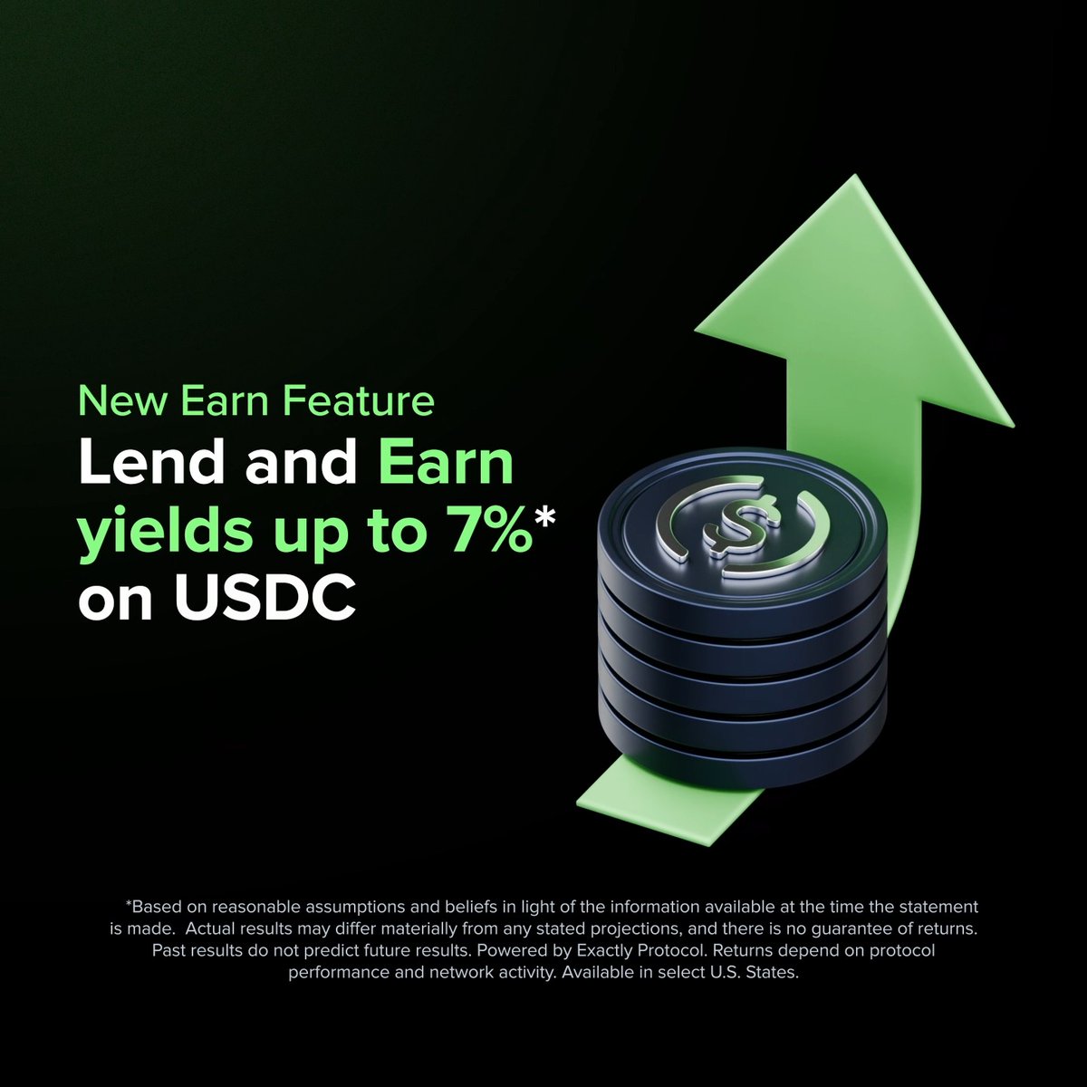 Earn yields up to 7%* on USDC 🔵 New Earn feature is live! Turn your $USDC into an active, yield-generating asset in just a few taps. → Earn yield through on-chain lending → Watch your balance grow live → Easy DeFi access Put your crypto to work 📲 *Based on reasonable assumptions and beliefs in light of the information available at the time the statement is made. Funds are deposited to, and yields are paid by, the Exactly Protocol, a decentralized protocol on the Base blockchain. Financial forecasts, even those presented with numerical specificity, are estimates based on subjective and variable assumptions that are inherently subject to material uncertainties, risks, and other changes in circumstances that are difficult to predict. Actual results may differ materially from any stated projections, and there is no guarantee of returns unless your funds are borrowed. Past results do not predict future results. Uphold cannot guarantee future performance and undertakes no obligation to assess the veracity of any stated projections. Users are cautioned not to rely on these projections when making a decision regarding Exa Earn. Available in select U.S. States. Powered by Exactly Protocol. Yield is variable and not guaranteed. Returns depend on protocol performance and network activity. Past performance does not guarantee future results. High credit demand means you may not be able to withdraw all your funds. You can withdraw your assets at any time as long as there is available (unborrowed) liquidity in the asset pool. Terms apply.