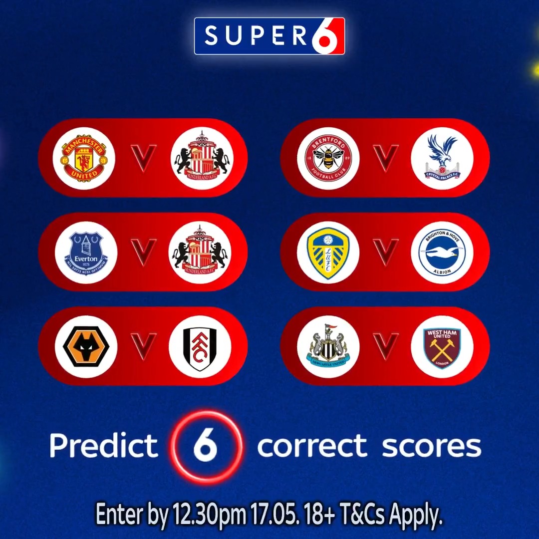 The penultimate Super 6 round! 😅 After two winners and £500,000 given away in jackpots across April, Super 6 is nearly finished for the season! Secure this weekend’s bragging rights alongside your shot at £250k by playing for free before 12.30pm Sunday 🆓