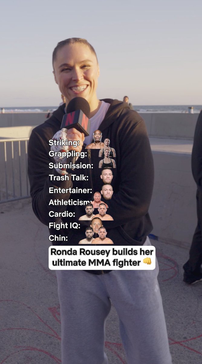 Ronda Rousey’s ultimate MMA fighter: Striking: Anderson Silva Grappling: Ronda Rousey Submission: Ronda Rousey Trash Talk: Conor McGregor Entertainer: Conor McGregor Athleticism: Brock Lesnar Cardio: Nick &amp; Nate Diaz Fight IQ: Georges St-Pierre Chin: Nick &amp; Nate Diaz 👀🔥