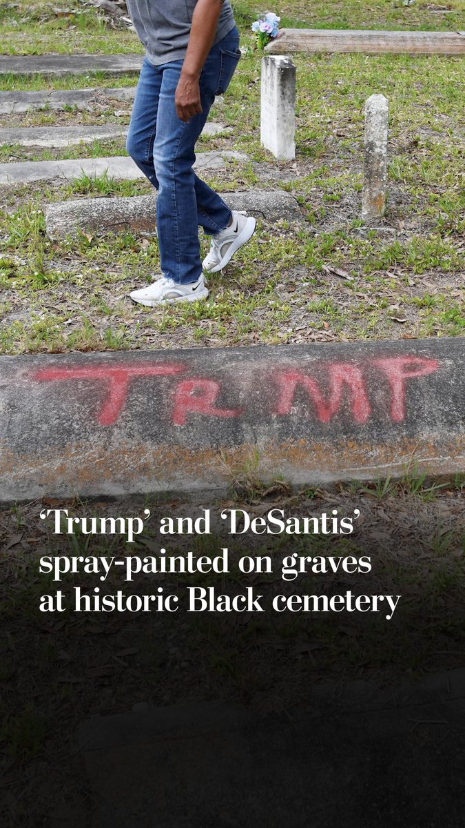 Police in Florida are investigating vandalism at a historic, predominantly Black cemetery where 17 gravesites were damaged, with headstones knocked down and "Trump" and "DeSantis" spray-painted in red letters on tombs.