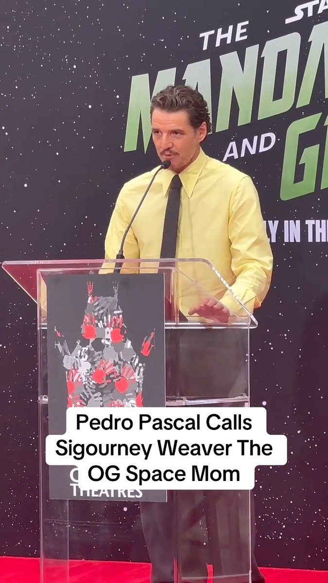 Pedro Pascal names #TheMandalorianAndGrogu co-star Sigourney Weaver the “original space mom” at her hand and footprint ceremony.