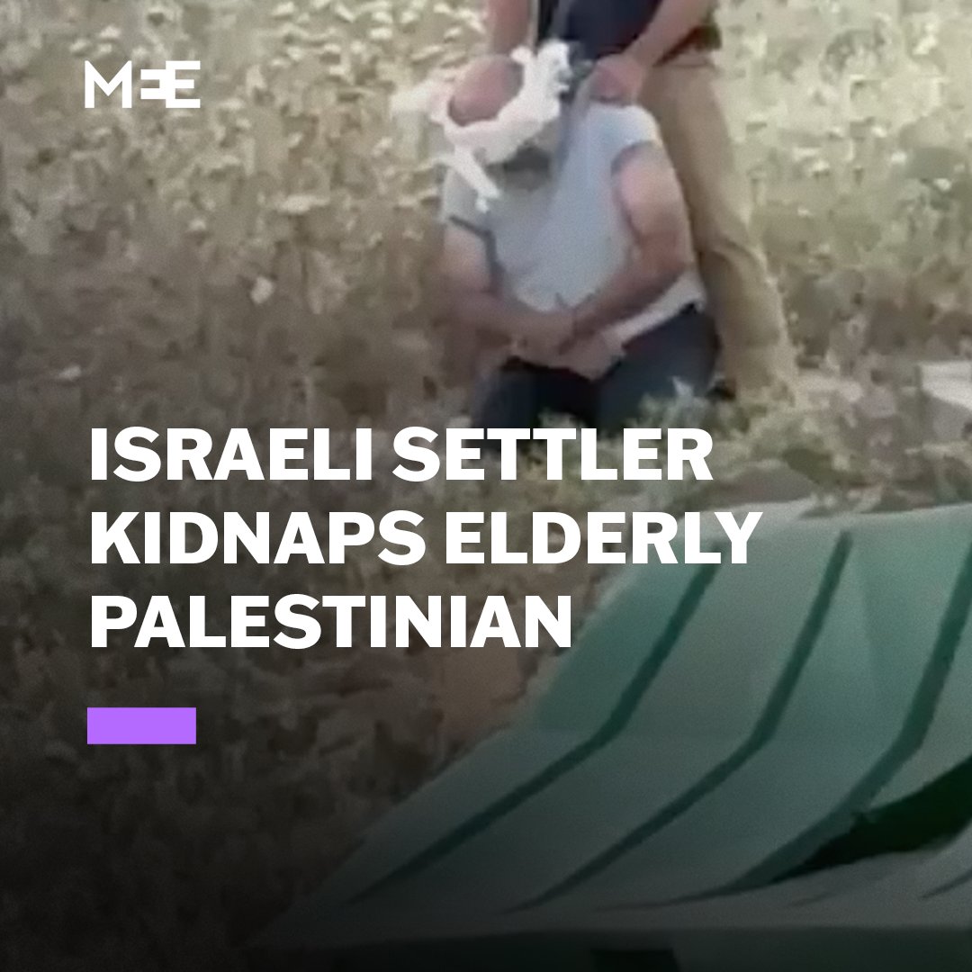 Footage appears to show an Israeli settler dragging a blindfolded and bound elderly Palestinian man into a road in the village of Beit Iksa in the West Bank.