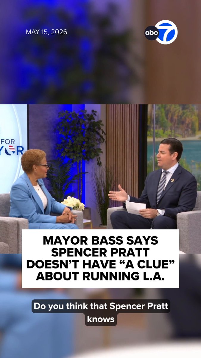 In a one-on-one interview with ABC7, Los Angeles Mayor Karen Bass shared her view of mayoral candidate Spencer Pratt, saying the reality TV star doesn't have "a clue" about running L.A. Watch the full interview here: