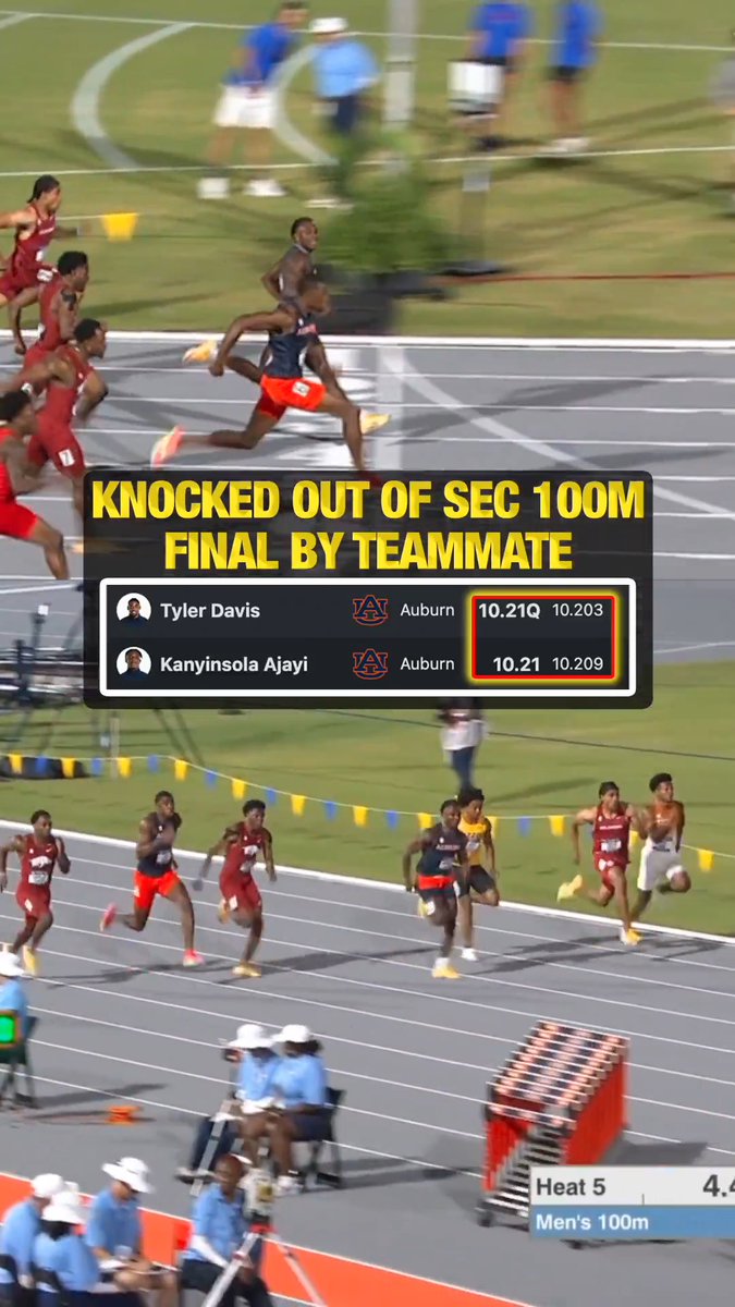 Kanyinsola Ajayi (Auburn) eases up too much in his 100m heat at SEC Champs! He is beaten by his teammate Tyler Davis, and fails to qualify for the final.