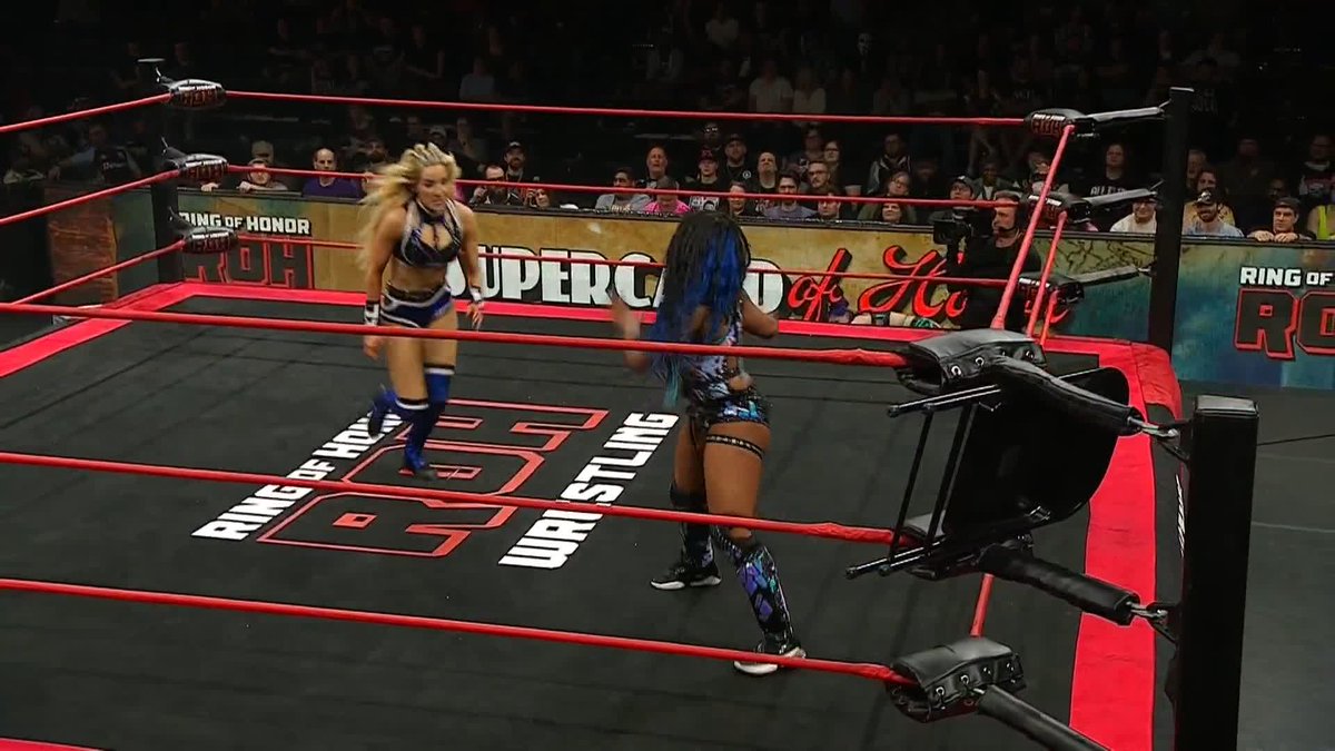 .Zayda Steel takes the impact into the chair in the corner, and she is the first competitor eliminated! Watch #ROHSupercard of Honor LIVE on Honor Club