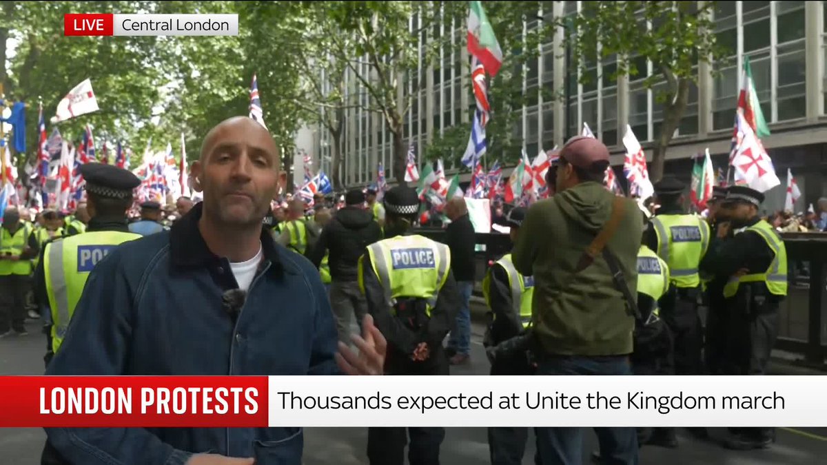 An estimated 50,000 attendees are taking part in Tommy Robinson's Unite The Kingdom protest, which will see swathes of people march from near the Strand to Parliament Square. Sky correspondent Tom Cheshire reports from the scene 📺 Sky 501, Virgin 602