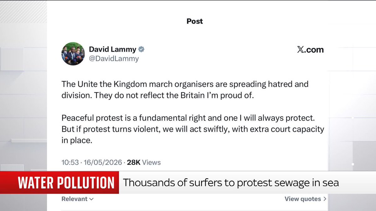 "They do not reflect the Britain I’m proud of" The deputy PM has posted on X, condemning the Unite the Kingdom march, insisting peaceful protest is a "fundamental right", but adds there will be extra court capacity if it becomes violent 📺 Sky 501