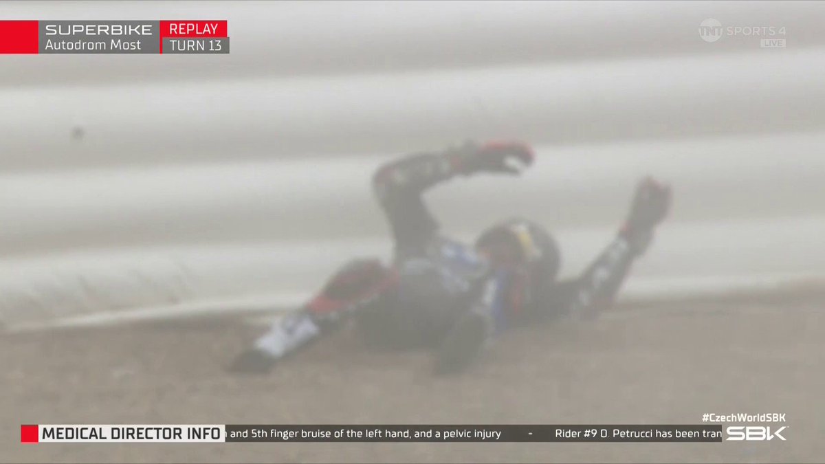 That is a horrifying crash for Petrucci ๐ฅ The Italian has been diagnosed with low back and left hip contusion. 1st, 4th and 5th finger bruises of the left hand. Get well soon ๐ช #WorldSBK | #CzechWorldSBK | Live on TNT Sports and HBO Max