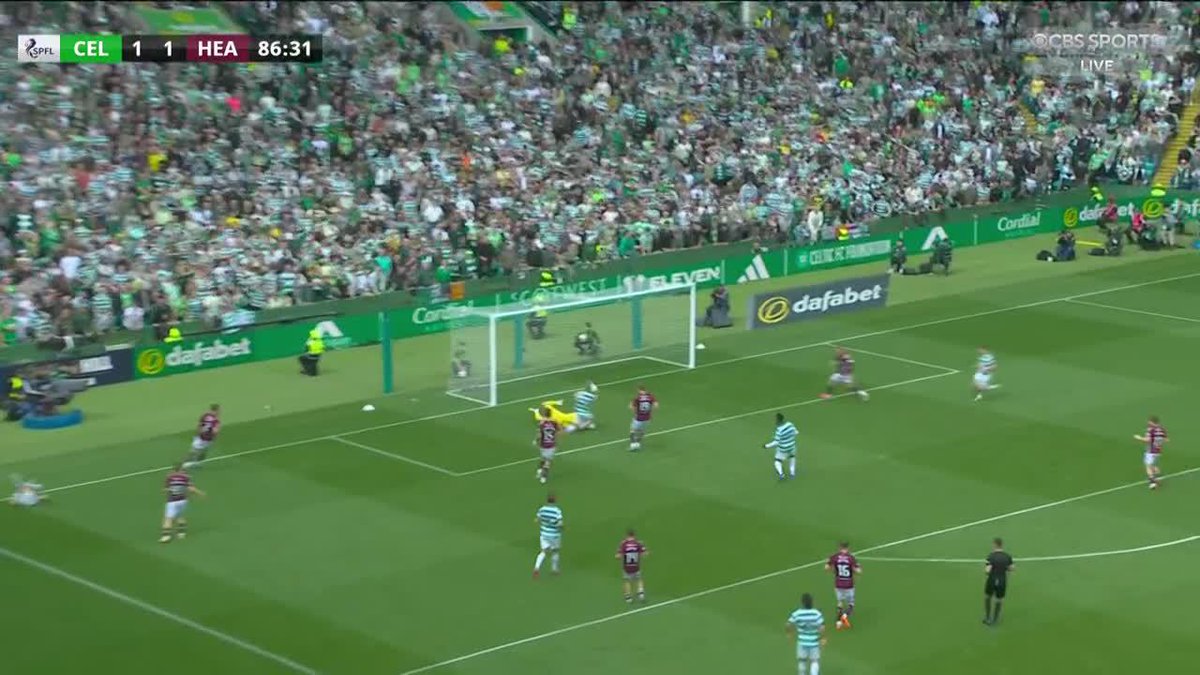 CELTIC LEAD WITH MINUTES TO GO 🤯 After a VAR check, Daizen Maeda's goal stands and Celtic are on the brink of winning the Scottish Premiership 🏆 Don't miss the culmination of Celtic vs. Hearts LIVE on CBSSN right now 📺