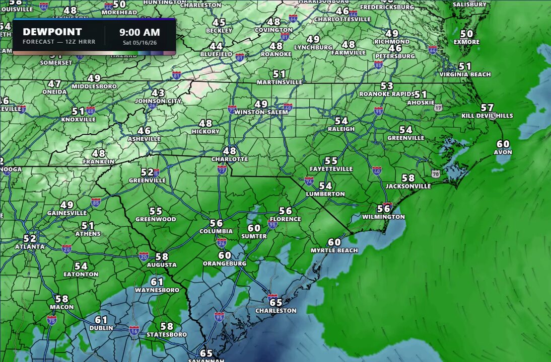 Here comes the humidity overnight into your Sunday. Summer air is moving in for the next several days. #cltwx #ncwx #scwx #wcnc
